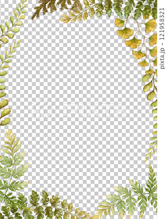 Vertical card frame template with fern leaf botanical illustration in the earth tone. Hand drawn watercolor floral border. Perfect for the use of ecological material and modern designs. Vertical card frame template with fern leaf botanical illustration in the earth tone. Hand drawn watercolor floral border. Perfect for the use of ecological material and modern designs. 121958321