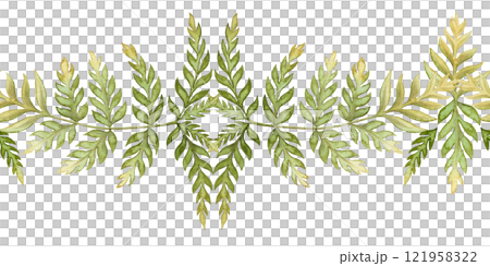 Fern leaves elegant seamless border in the earth green tone. Hand drawn watercolor botanical element with textured foliage. Perfect for the use of ecological material and sustainable designs. Fern leaves elegant seamless border in the earth green tone. Hand drawn watercolor botanical element with textured foliage. Perfect for the use of ecological material and sustainable designs. 121958322