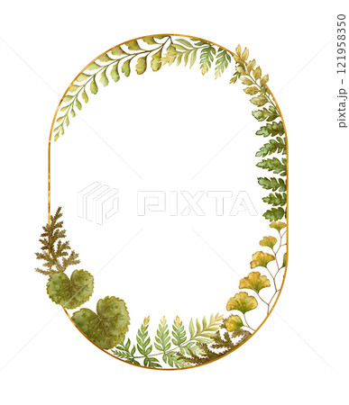 Elliptical frame with fern leaves botanical card template in earth tone. Hand drawn watercolor floral element with thin gold. Perfect for the use of ecological material and modern designs. Elliptical frame with fern leaves botanical card template in earth tone. Hand drawn watercolor floral element with thin gold. Perfect for the use of ecological material and modern designs. 121958350
