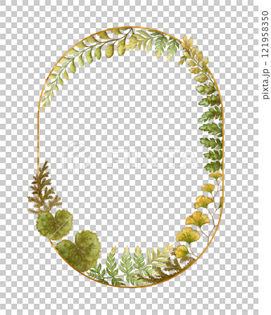 Elliptical frame with fern leaves botanical card template in earth tone. Hand drawn watercolor floral element with thin gold. Perfect for the use of ecological material and modern designs. Elliptical frame with fern leaves botanical card template in earth tone. Hand drawn watercolor floral element with thin gold. Perfect for the use of ecological material and modern designs. 121958350