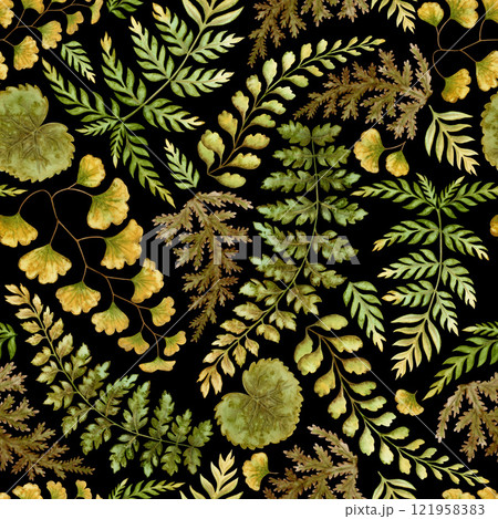 Fern leaves seamless pattern on black background. Hand drawn watercolor botanical surface with textured prehistoric foliage. Perfect for the use of ecological material and sustainable designs. Fern leaves seamless pattern on black background. Hand drawn watercolor botanical surface with textured prehistoric foliage. Perfect for the use of ecological material and sustainable designs. 121958383