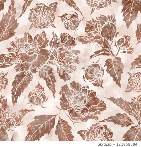 Watercolor texture floral seamless pattern in the 2025 color of the year Mocha Mousse. Hand drawn background with warm brown tone. Perfect for creating trendy graphic resource and designs. Watercolor texture floral seamless pattern in the 2025 color of the year Mocha Mousse. Hand drawn background with warm brown tone. Perfect for creating trendy graphic resource and designs. 121958384