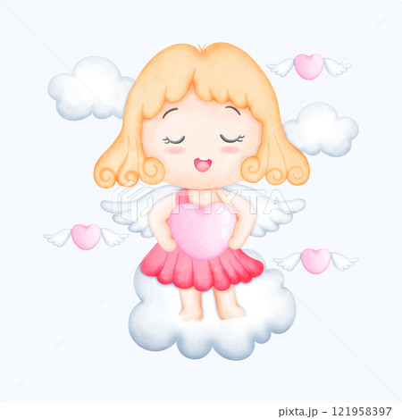 Cute Watercolor Valentine Cupid. Hand Drawn Romantic Illustration for Cards and Gifts Cute Watercolor Valentine Cupid. Hand Drawn Romantic Illustration for Cards and Gifts 121958397