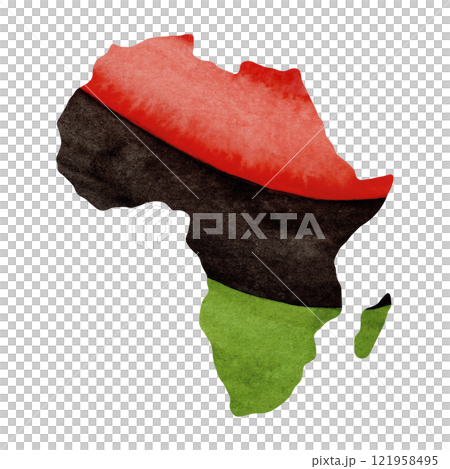 African continent map silhouette with red black and green flag. Hand drawn watercolor Kwanzaa holiday illustration of Juneteenth unity. Isolated drawing for African-American festive designs. 121958495