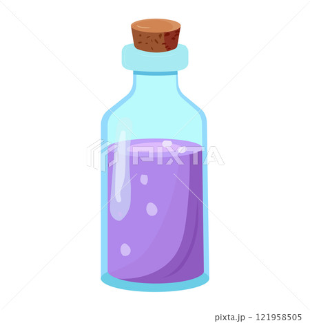 Lavender oil for spa treatments and aromatherapy. Glass bottle with lilac liquid. Vector illustration in flat style isolated on white background. Vector illustration 121958505