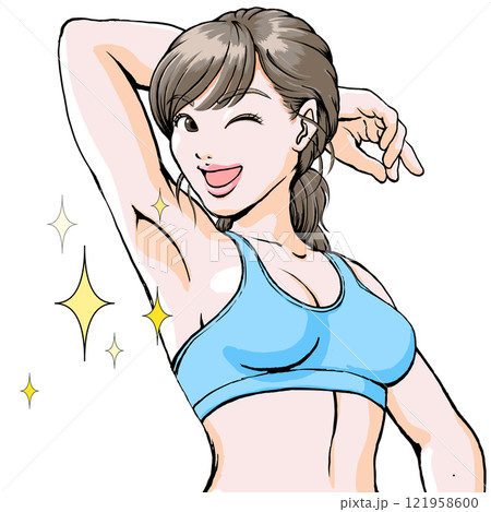 キレイな脇見せポーズするスポブラ姿の若い女性_ウィンク 121958600