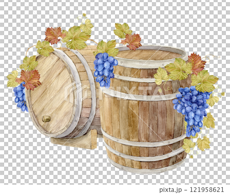 Two Watercolor wooden oak barrel for storing fermented wine. Watercolor brown barrel with lilac grapes. Illustration of purple fruits, leaves and branches. Clipart for wine labels, winery, restaurant 121958621