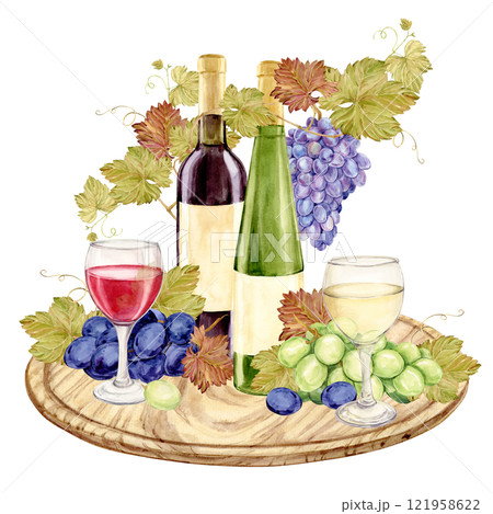 Red and white wine and snack served on a wooden board. Bottle, glass, green grapes, brie and cheddar cheese and figs. Composition for restaurant menu or wine list design. Clipart in rustic style. 121958622