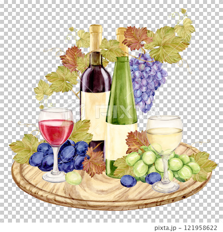 Red and white wine and snack served on a wooden board. Bottle, glass, green grapes, brie and cheddar cheese and figs. Composition for restaurant menu or wine list design. Clipart in rustic style. 121958622