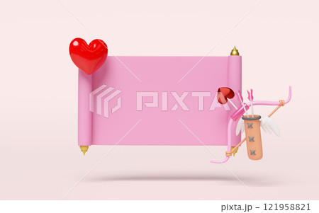 3d announcement roll banner with bow, quiver, arrows, heart isolated on pink background. happy valentine's day concept, 3d illustration render 3d announcement roll banner with bow, quiver, arrows, heart isolated on pink background. happy valentine's day concept, 3d illustration render 121958821