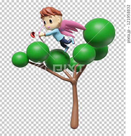 3d cupid flying in tree with bow, arrows isolated. Happy valentine's day concept, 3d illustration render 121958832