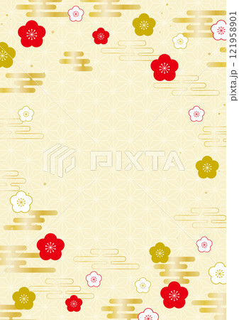和風　背景　フレーム　麻の葉　ベージュ　梅の花　エ霞 121958901