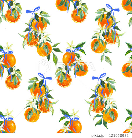 Beautiful seamless pattern colorful summer beach vacation in Capri Italy tropical mood summer, ribbon bow, oranges, Vacation seamless pattern on Striped. Design for all prints 121958982
