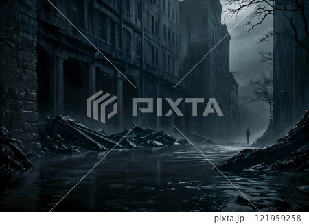 暗い夜瓦礫が散乱した通りを歩く人とそこに建つ廃墟「AI生成画像」 121959258