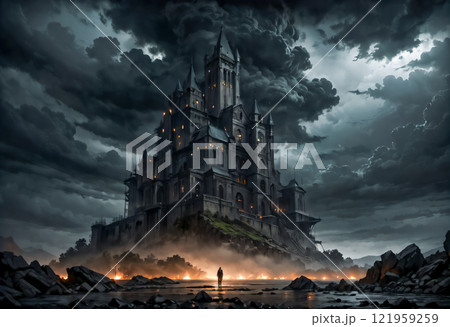 暗い夜巨大な教会とそこに向かって歩く人「AI生成画像」 121959259