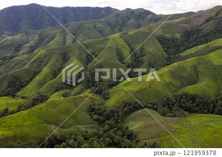 Landscape of Morning Mist with Mountain Layer. mountain ridge and clouds in rural jungle bush forest 121959378