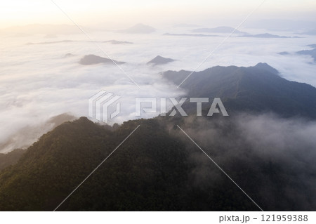 Landscape of Morning Mist with Mountain Layer at north of chiang rai Thailand. mountain ridge and clouds in rural jungle bush forest 121959388