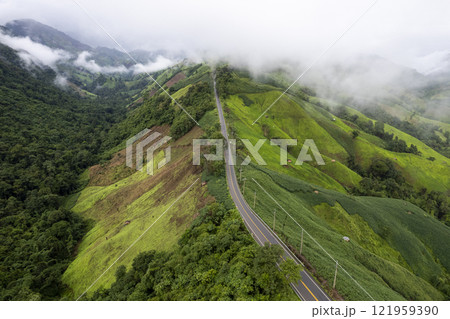 Landscape of Morning Mist with Mountain Layer. mountain ridge and clouds in rural jungle bush forest Landscape of Morning Mist with Mountain Layer. mountain ridge and clouds in rural jungle bush forest 121959390