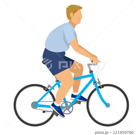スポーツウェアで自転車に乗るヘルメットを被った太った白人男性のシンプルなイラスト　白背景 121959780