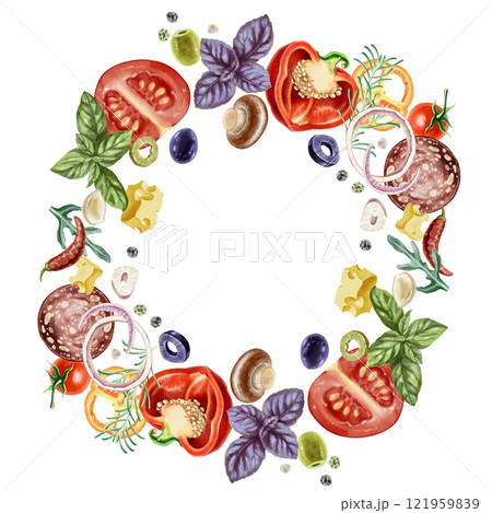 Circle frame made of vibrant assorted of fresh groceries, including vegetables, herbs, mushrooms, cheese and meat. Perfect for restaurant menus, kitchen decor, food packaging, or culinary blog visuals 121959839