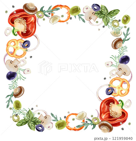 Square frame made of vibrant assorted of fresh groceries: vegetables, herbs, onions, peppers and olives. Perfect for restaurant menus, kitchen decor, food packaging, culinary blog visuals. Watercolor 121959840