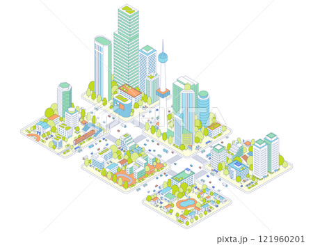 アイソメトリックの都市と住宅地のイラスト。電車が停まる駅と街。高層ビルと道路を行き交う車やバス、トラ 121960201