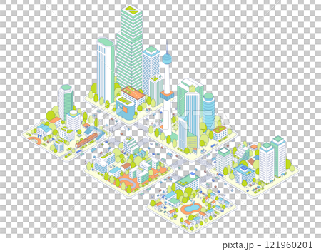 等距城市和住宅區插圖。火車停靠的車站和城鎮。穿過高層建築和道路的汽車、巴士和卡車 等距城市和住宅區插圖。火車停靠的車站和城鎮。穿過高層建築和道路的汽車、巴士和卡車 121960201