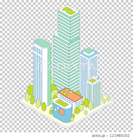 アイソメトリックの都市のイラスト。高層ビルと商業ビルが立ち並ぶ緑化された都会の風景。 121960202