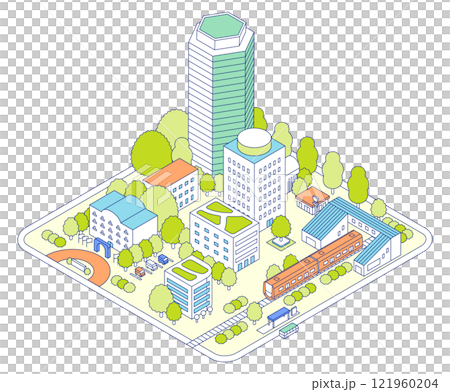 アイソメトリックの街のイラスト。電車が停まる駅と駅前の商業地区。 121960204