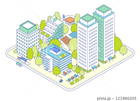 アイソメトリックの街のイラスト。アパートとタワーマンションが建つ住宅地。駐車場が隣接する建物。 121960205