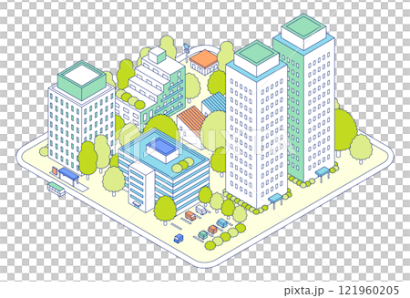 アイソメトリックの街のイラスト。アパートとタワーマンションが建つ住宅地。駐車場が隣接する建物。 121960205