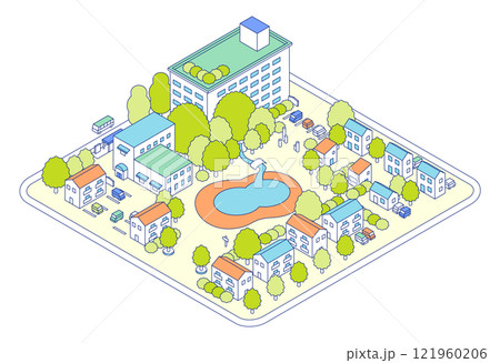 アイソメトリックの街のイラスト。大きな池のある公園とアパートが建つ住宅地。駐車場が隣接する建物。 121960206
