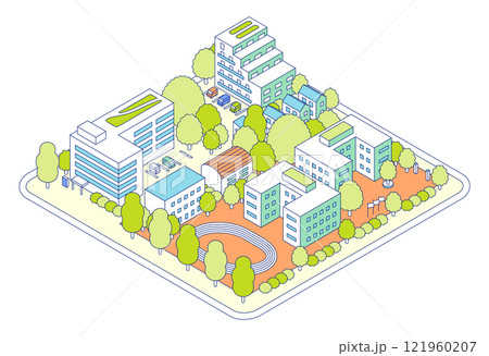 アイソメトリックの街のイラスト。体育館や陸上競技場のある学校と公園。病院や会社、アパートなどの住宅が 121960207
