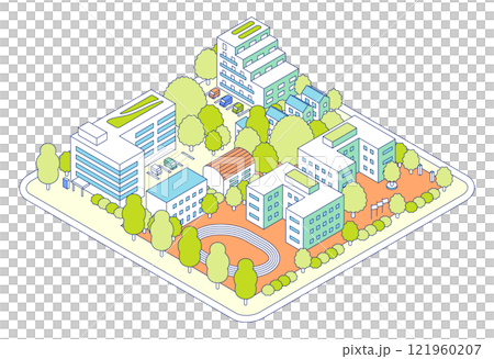 Isometric city illustration. School and park with gymnasium and athletic field. Hospital, company, apartment and other housing. 121960207