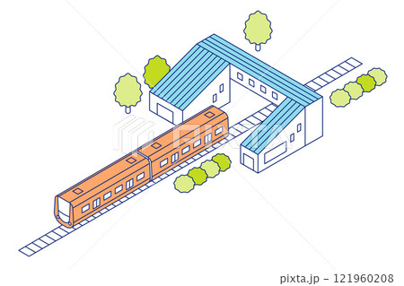 アイソメトリックの駅と電車。2両編成の列車が駅舎内に停車している鉄道のイラスト。 121960208