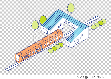 アイソメトリックの駅と電車。2両編成の列車が駅舎内に停車している鉄道のイラスト。 121960208