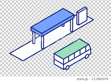 アイソメトリックのバスとバス停のイラスト。 121960209