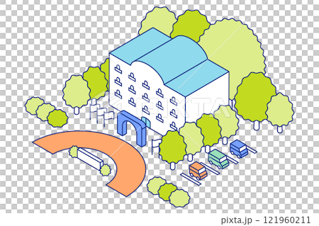 Isometric hotel illustration. Accommodation with car park. Isometric hotel illustration. Accommodation with car park. 121960211