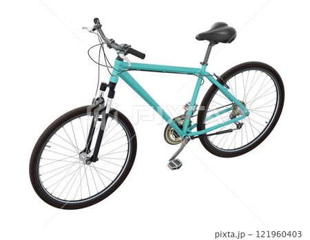 Blue teal bicycle, side top view isolated on white background, 3D illustration Blue teal bicycle, side top view isolated on white background, 3D illustration 121960403