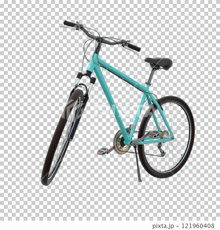 Blue teal bicycle standing on kickstand 121960408