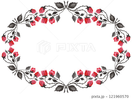 Oval wreath of pink roses with black leaves. Floral wreath for graphic design. Isolated watercolor illustration. 121960570