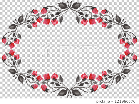Oval wreath of pink roses with black leaves. Floral wreath for graphic design. Isolated watercolor illustration. 121960570