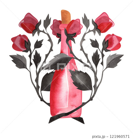 Pink bottle of champagne or martini in branches of pink roses. Isolated watercolor illustration. 121960571