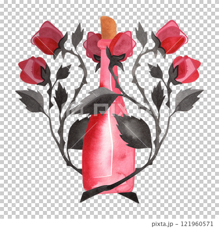 Pink bottle of champagne or martini in branches of pink roses. Isolated watercolor illustration. 121960571