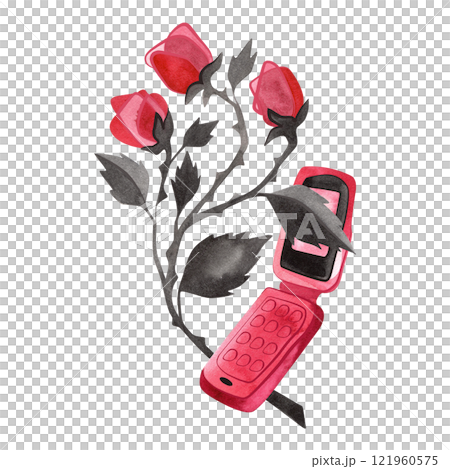 Pink glamorous feminine flip phone from 2000s romcom in rose branches. Isolated watercolor illustration for t-shirt, notebook or sticker. Pink glamorous feminine flip phone from 2000s romcom in rose branches. Isolated watercolor illustration for t-shirt, notebook or sticker. 121960575