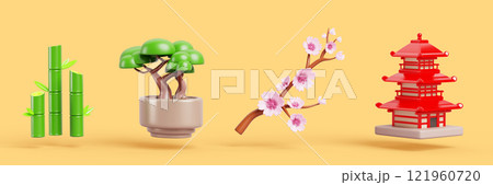 3d set of japanese icon. Traditional house or temple, cherry blossom branch, bamboo sticks, flower pot bonsai tree. Asian architecture, isolated spring design elements Cartoon render. 3D illustration 3d set of japanese icon. Traditional house or temple, cherry blossom branch, bamboo sticks, flower pot bonsai tree. Asian architecture, isolated spring design elements Cartoon render. 3D illustration 121960720
