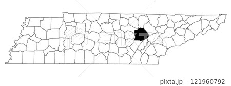 Map of Cumberland County in Tennessee state on white background. single County map highlighted by black colour on Tennessee map. UNITED STATES, US. 121960792