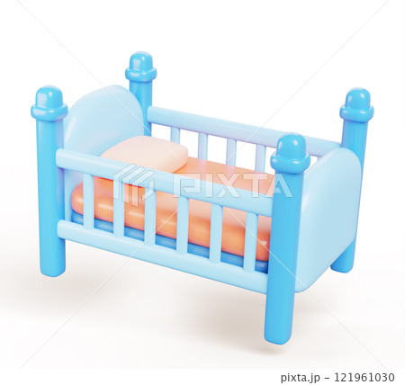 Baby crib 3d render icon. Blue boy infant bed with mattress, pillow and bedding. Isolated cute newborn sleep cot, wooden furniture for nursery room interior. Cartoon toddler element. 3D illustration 121961030