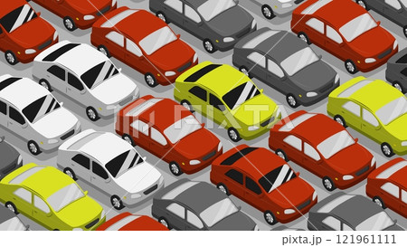 Isometric passenger taxi cars and private cars in urban traffic jam high angle view. Passenger highway transportation. Cartoon 3D vector isolated on gray asphalt background 121961111