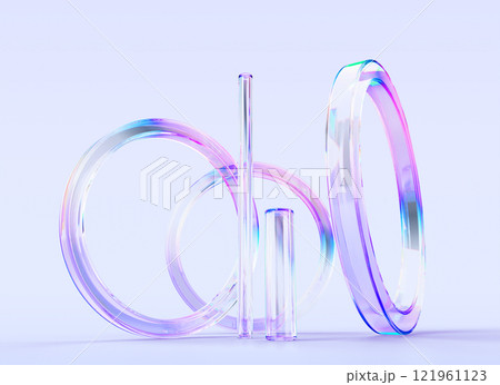 3d abstract glass liquid transparent rings and cylinders background. Rainbow geometric shapes with hologram gradient texture render. Futuristic circular portal frames and tube lines. 3D illustration 3d abstract glass liquid transparent rings and cylinders background. Rainbow geometric shapes with hologram gradient texture render. Futuristic circular portal frames and tube lines. 3D illustration 121961123
